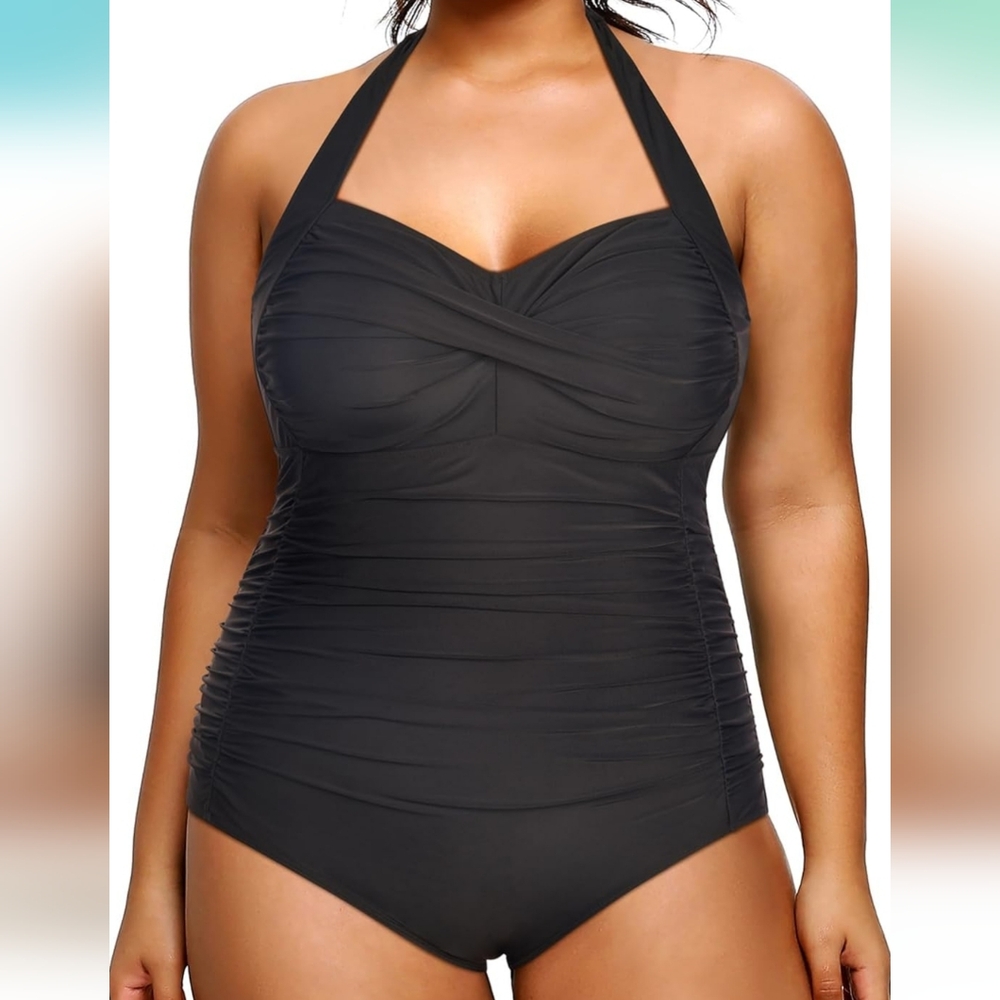 SMISMIVO One Piece Halter Ruched Tummy Control Swimsuit